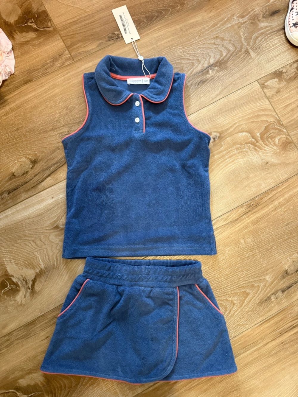 Minnow Girls Blue Terry Polo Matching Set with Pink Trim